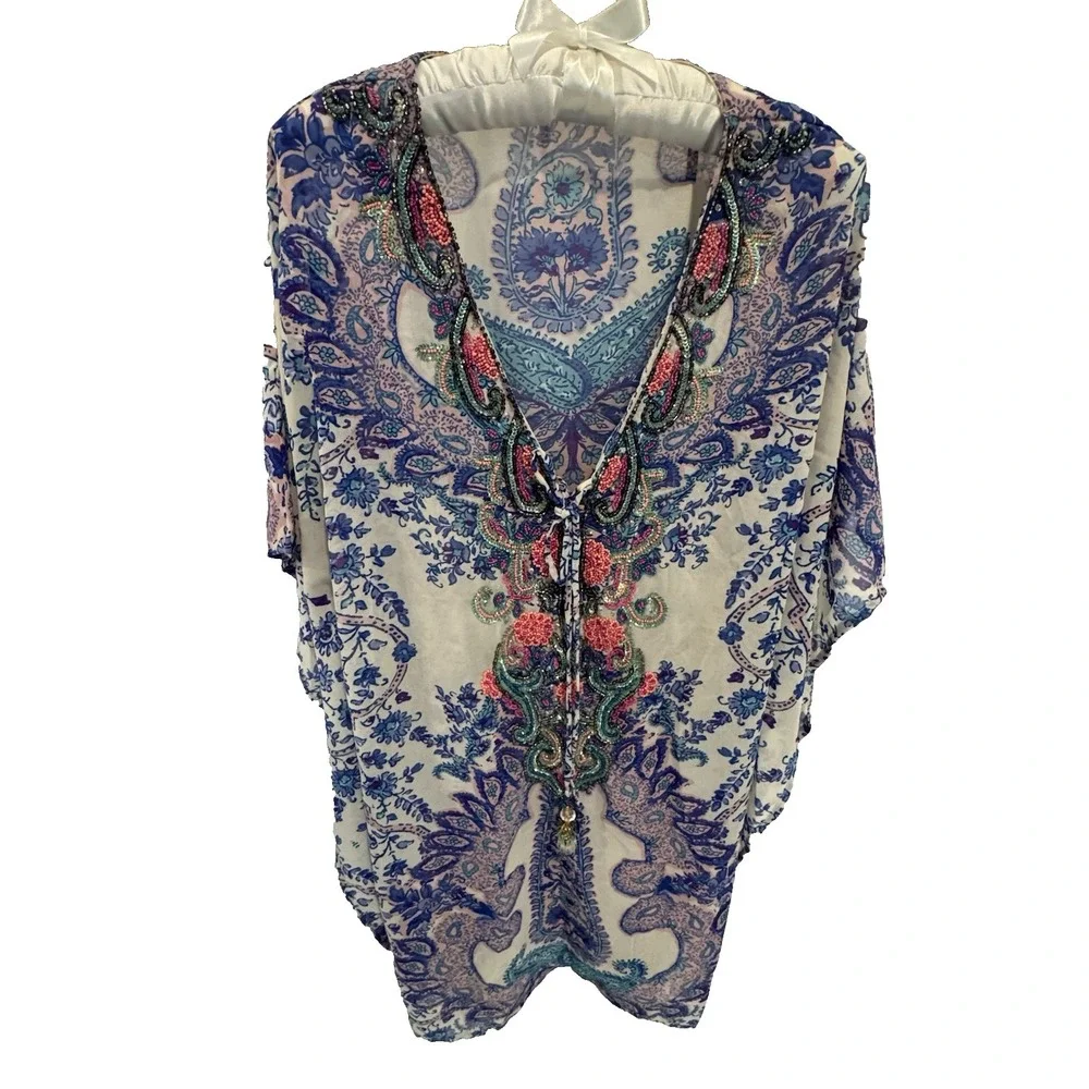 Lucky & Coco Lucky Brand Boho Embroidered Tunic Top Paisley Tassel Beaded Cover - Picture 2 of 8